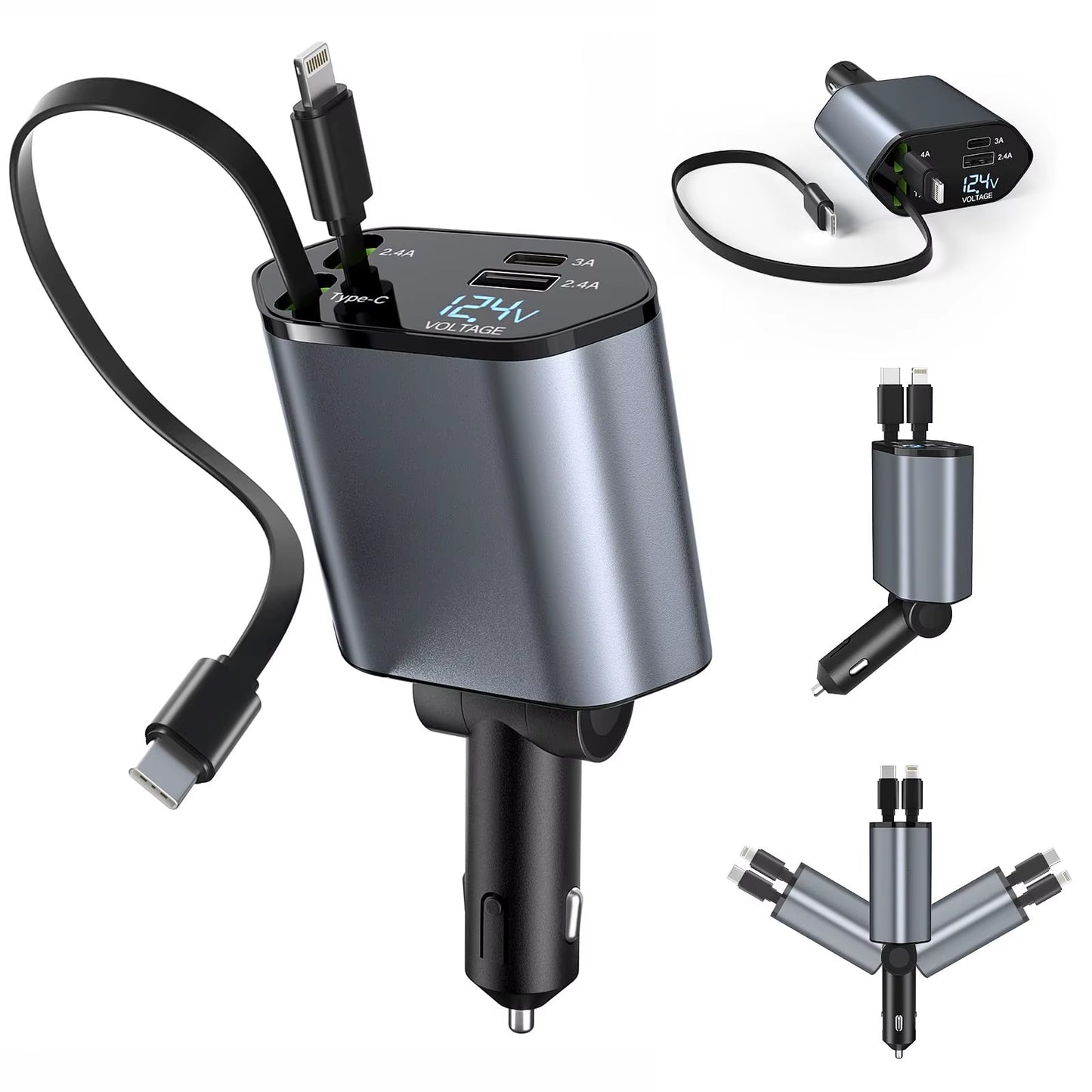 120W Car Charger Car Super Fast Charge Flash Charging, Telescopic Cable 4 in 1 Car Charger 2 USB Ports Adapter Compatible