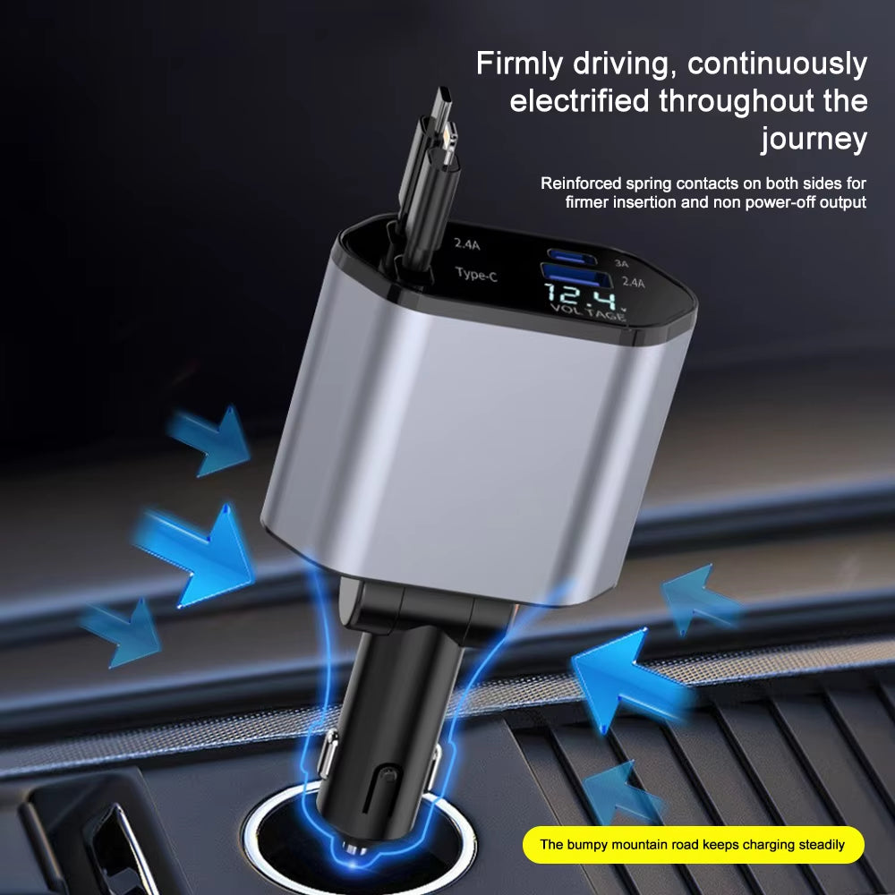 120W Car Charger Car Super Fast Charge Flash Charging, Telescopic Cable 4 in 1 Car Charger 2 USB Ports Adapter Compatible