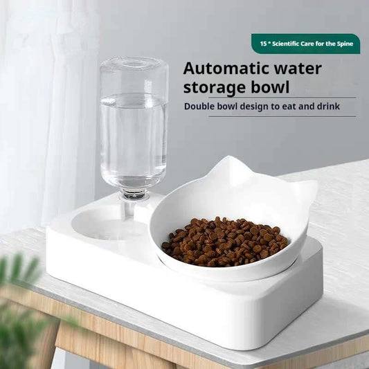 Double Dog Cat Bowls Water and Food Bowl Tilted15 Degrees Raised Cat Bowls with Automatic Water Bottle-Pet Feeder
