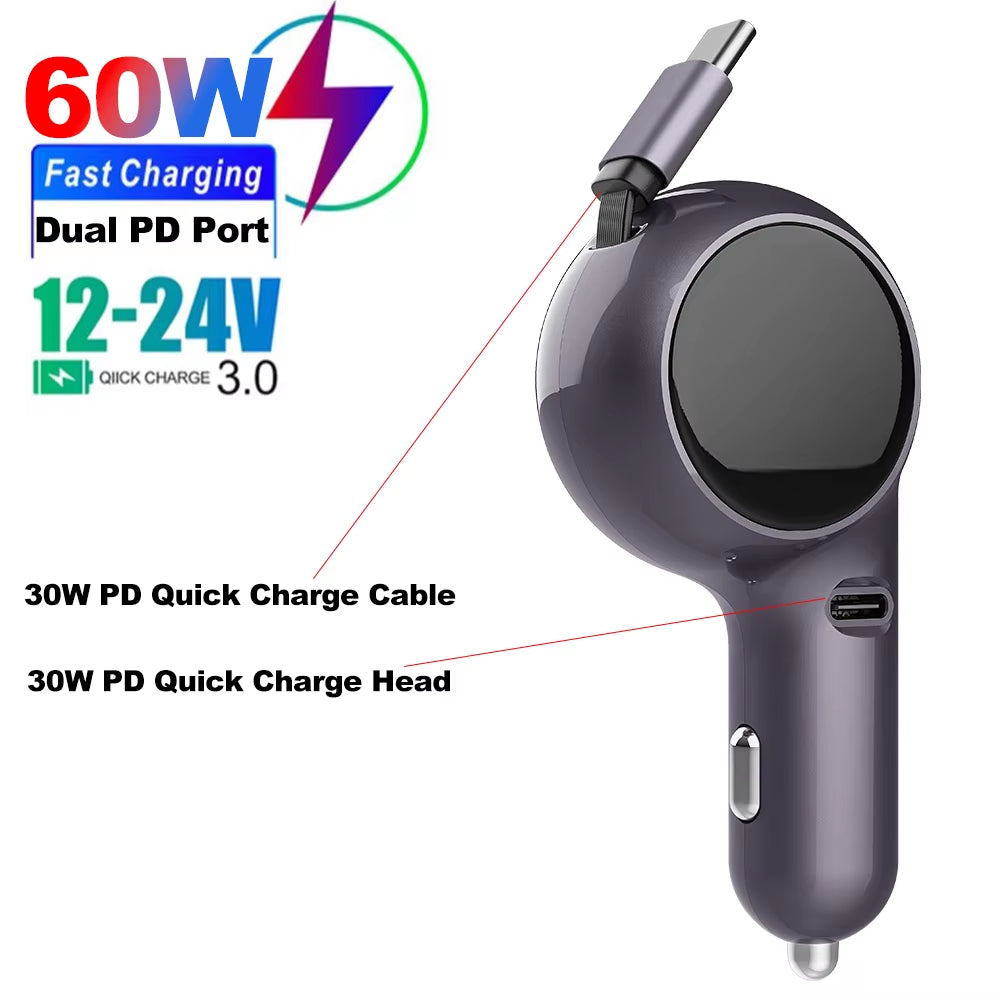 120W Car Charger Car Super Fast Charge Flash Charging, Telescopic Cable 4 in 1 Car Charger 2 USB Ports Adapter Compatible